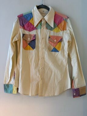 Cream Button-Up Shirt with Multicolor Patchwork